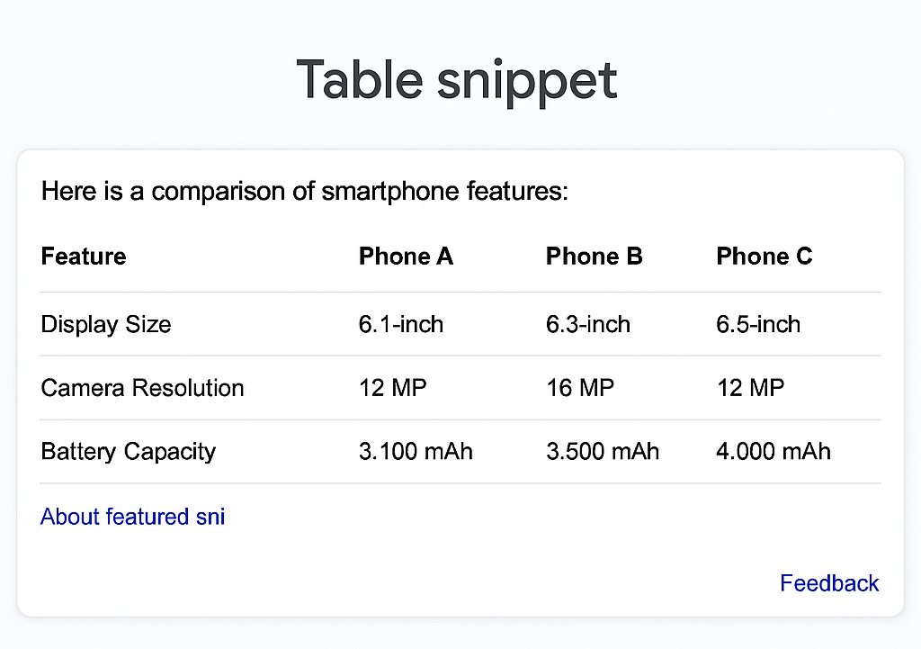 table featured snippet example